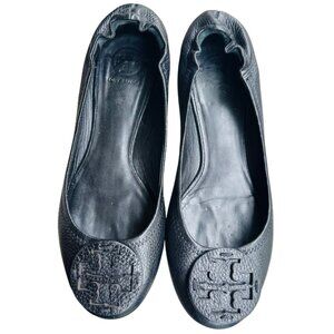 TORY BURCH Black Pebbled Leather Minnie Travel Ballet Logo Flat 8.5 Balletcore